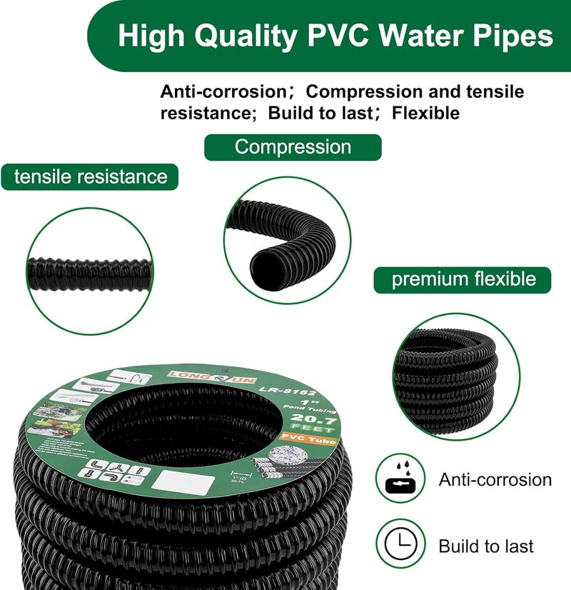 Longrun Pond Tubing 1 Inch Diameter, 20.7 Feet Long Corrugated Flexible Hose Pipe with Clamps Pipe Fittings, Pool PVC Tube for Garden Ponds Waterfalls Camping Caravans Filters Drainage Marine - Image 5